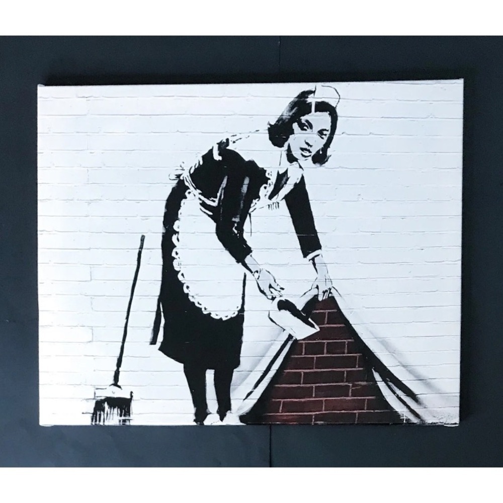 Banksy Print Sweep It Under The Carpet Wood Mounted Stretched Canvas 19.5 x 15.5 - Picture 1 of 3